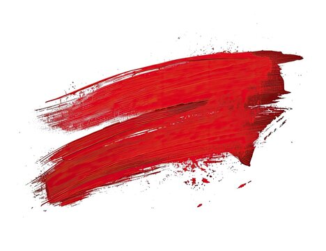 Abstract red paint strokes on white background, dynamic and expressive, showcasing textured brush marks and splatters