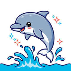 Happy Cartoon Dolphin Leaping Out of Water with Sparkling Stars and a Splash 