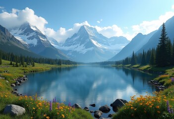Stunning Snow-Capped Mountains Glimmering Under Clear Blue Sky Expansive Wilderness Scenic Peak Retreat