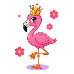 Adorable Cartoon Flamingo Wearing a Golden Crown Surrounded by Pink Flowers 