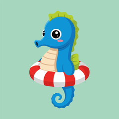 Adorable Cartoon Seahorse Floating in a Red and White Life Ring Summer Fun Concept Illustration