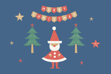 クリスマスツリーとサンタクロースとメリークリスマスのガーランドのベクターイラスト