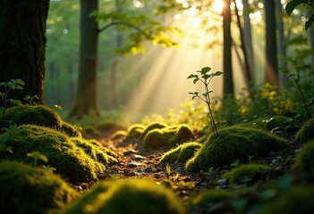Sunlight Streaming Through Dense Tree Canopy Illuminating Vibrant Forest Floor Rich in Flora and Fauna
