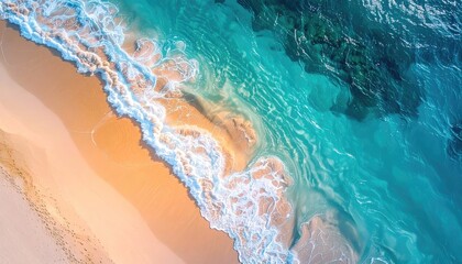 Aerial View of Ocean Waves Crashing on Sandy Beach with Turquoise Water and Sparkling Sunlight High Angle Shot