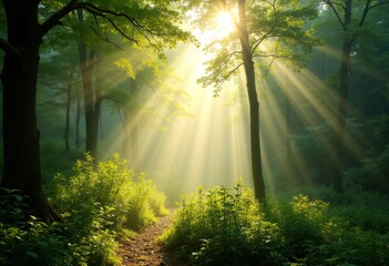 Sunlight Streaming Through Lush Green Forest Canopy Nature Light Play Serenity Dreamy Atmosphere