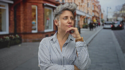 Fototapeta premium Woman with short hair resting her hand on chin on urban street in front of brick building; serenity.