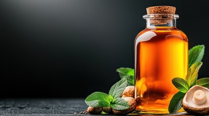Mushroom Oil in Glass Bottle with Fresh Herbs