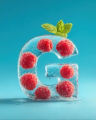 Elegant ice sculpture with vibrant red raspberries and fresh mint leaves showcasing creative craftsmanship modern design and artistic visual appeal for decorative display