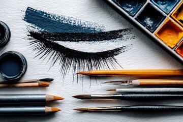 Eye makeup artistry supplies.  A close-up of various artistic tools, including brushes, pencils, and paints. A painted eye is visible on the white paper