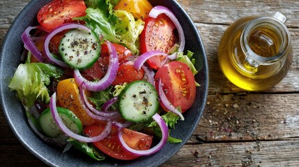 Fresh vegetable salad in a bowl, topped with herbs and spices