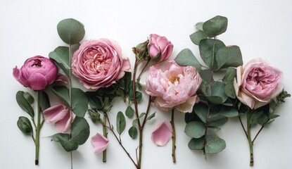 Delicate arrangement of pastel pink roses and eucalyptus sprigs on a white background
