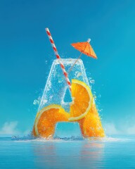 Vibrant summer beach scene with refreshing citrus cocktail featuring lemon and orange slices umbrella straw water splash and bright outdoor scenery for vacation and leisure
