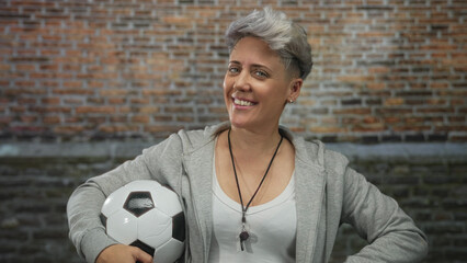 Woman coach holding soccer ball under arm while smiling at brick building with whistle around neck; teamwork spirit confidence.