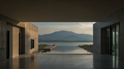 Modern concrete architecture frames a serene mountain and lake view at sunset, with reflective water enhancing the tranquil ambiance