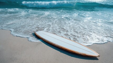 Surfboard on sandy beach, waves crashing