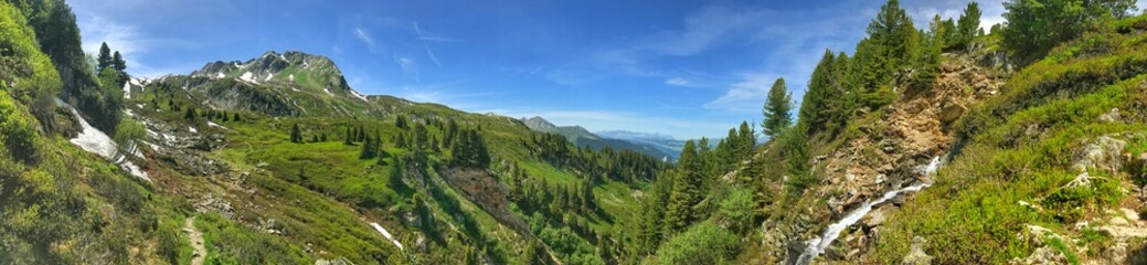 Fototapeta premium Panoramic view of mountain landscape with forest, meadow, and cascading stream