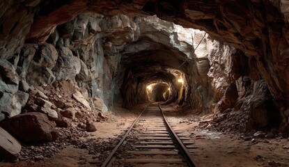 A long tunnel, railway tracks stretch into the light