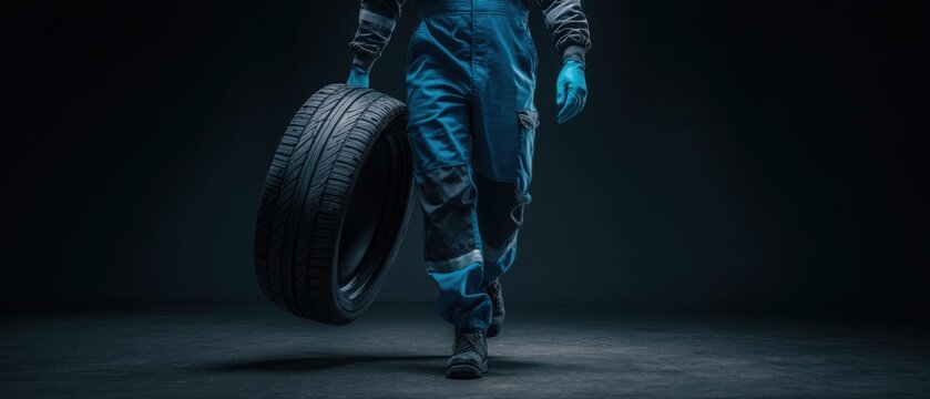 A mechanic in blue coveralls and gloves is walking while carrying a car tire in a dark, industrial setting