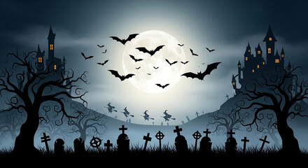 Spooky Halloween night with flying bats over a haunted graveyard and castles.