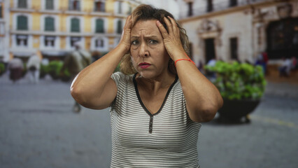 Woman with hands on temples and furrowed brow in street plaza holding her head in agitation;...