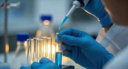 A gloved hand dispenses blue liquid into a test tube within a laboratory setting with other tubes nearby