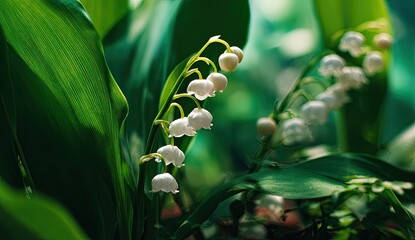 Delicate white flowers, lily of the valley,  with lush green foliage. Sunlight highlights the blossoms