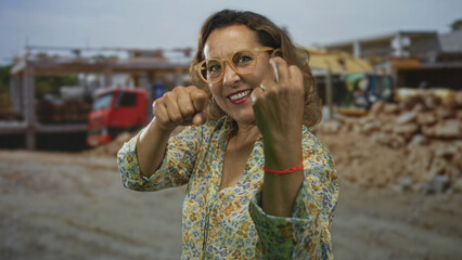 Woman hispanic middle age smiling shows middle finger at a building construction site with truck...