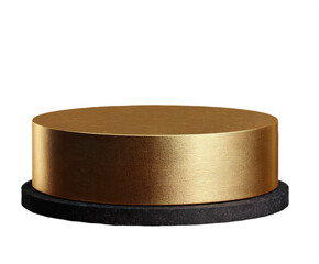 Shiny gold podium for product presentation, illuminated round stage, premium spotlight pedestal