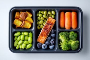 Healthy meal prep in black plastic container.  Colorful, balanced, portioned foods