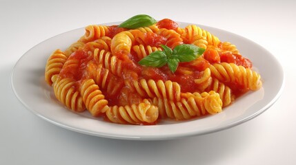 Spiral pasta with tomato sauce on a white plate. Fresh basil leaves atop