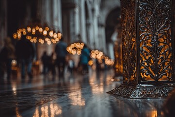 Ornate lantern in a cathedral.  Blurred people and chandeliers