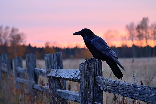 Majestic Raven at Sunrise Serene Countryside Wooden Fence Dawn Bird Wildlife Nature Photography
