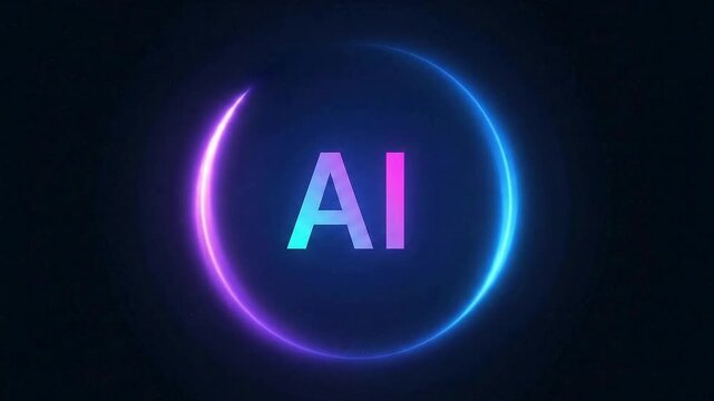 Dynamic AI logo animation with glowing neon circle revealing artificial intelligence concept for tech startup innovation