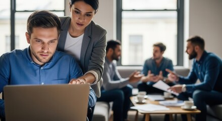 A man on a laptop is assisted by a woman pointing at the screen in a contemporary office setting with blurred colleagues in the background