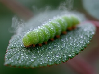 A green caterpillar on a leaf with water droplets on it