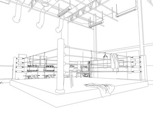 A black and white contour drawing of a boxing ring features training equipment and clothes hanging from the ceiling.
