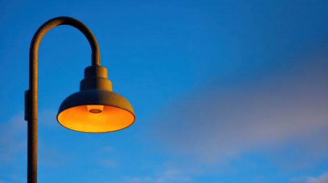A street lamp glows warmly against a clear blue sky, creating a striking contrast between artificial and natural light