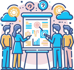 Flat design meeting and teamwork icon set including brainstorming, discussion, presentation, collaboration, and business agreement