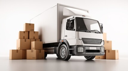 A white delivery truck surrounded by stacked cardboard boxes in a clean, bright environment