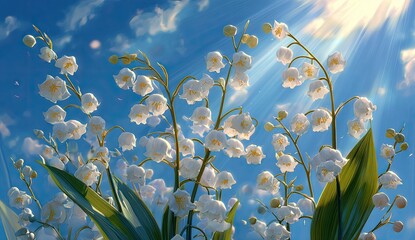 Delicate lilies of the valley bloom under a vibrant sky, sunbeams illuminating the flowers