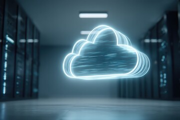 A glowing digital cloud icon floats in a modern server room, symbolizing cloud computing and data storage technology