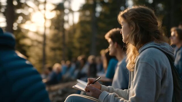 diverse group of painters sitting on folding stools drawing forest scenery warm dappled light soft wind ambient three quarter wide angle cinematic color correction gentle