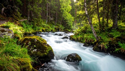 Mountain stream flowing through lush forest