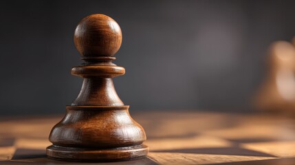 A close-up of a wooden pawn chess piece on a chessboard with a blurred background
