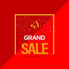 Grand sale promotion with megaphone and confetti on red background in yellow frame announcement design