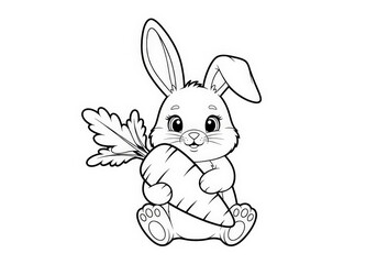 Fototapeta premium Cute Cartoon Bunny Holding a Carrot in Black and White for Coloring Pages or Illustrations