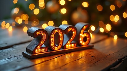 Golden 2026 Numbers with Fairy Lights on Wooden Surface – Cozy Festive Holiday Background