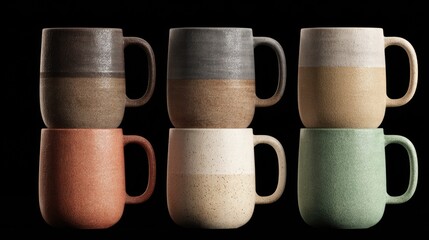 Six textured mugs in various earthy tones, arranged in two rows.  Each mug features a contrasting color gradient, from top to bottom