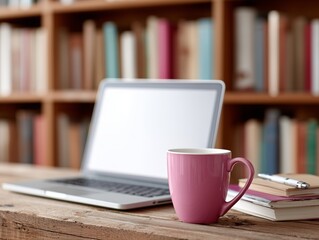A laptop computer sitting on top of a wooden table next to a pink cup of coffee