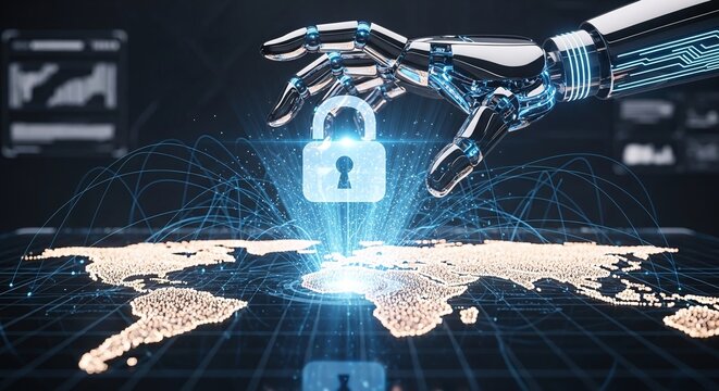 AI Robot Arm Securing Global Digital Network with Padlock - Powered by Adobe